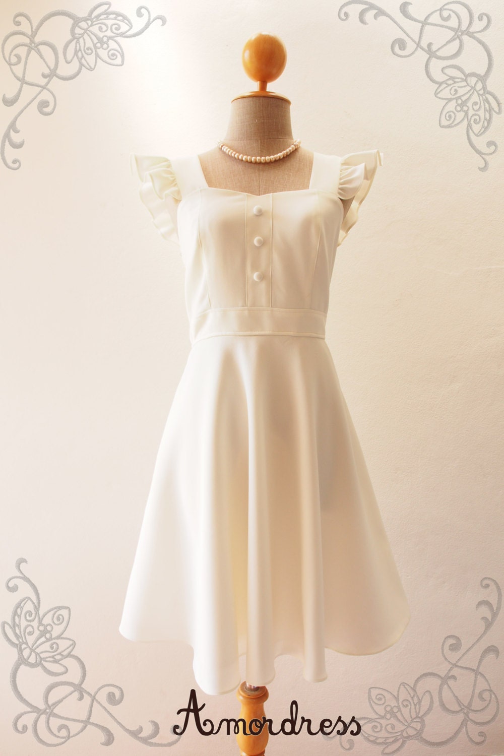 White Dress Vintage Style Bridal Wedding Bridesmaid Ruffle Sleeve