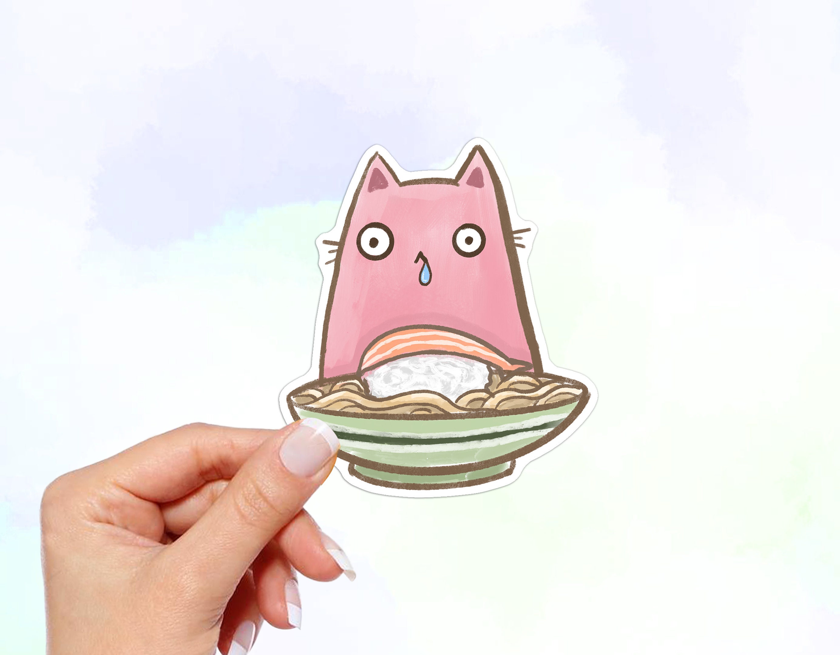 Drooling Ramen Cat Vinyl Sticker, Stickers, Water Bottle Stickers, Laptop Vinyl Kawaii Stickers Laptop