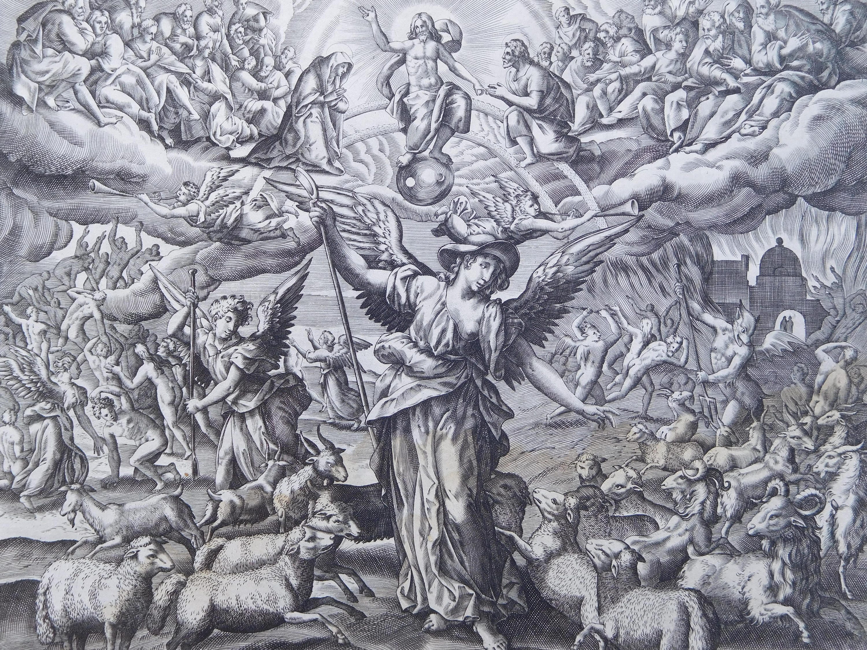 Renaissance 16Th Century Copper Engraving Jesus Christ Judgement Day Lady Justice & Apophis | Satan Influenced By Michelangelo