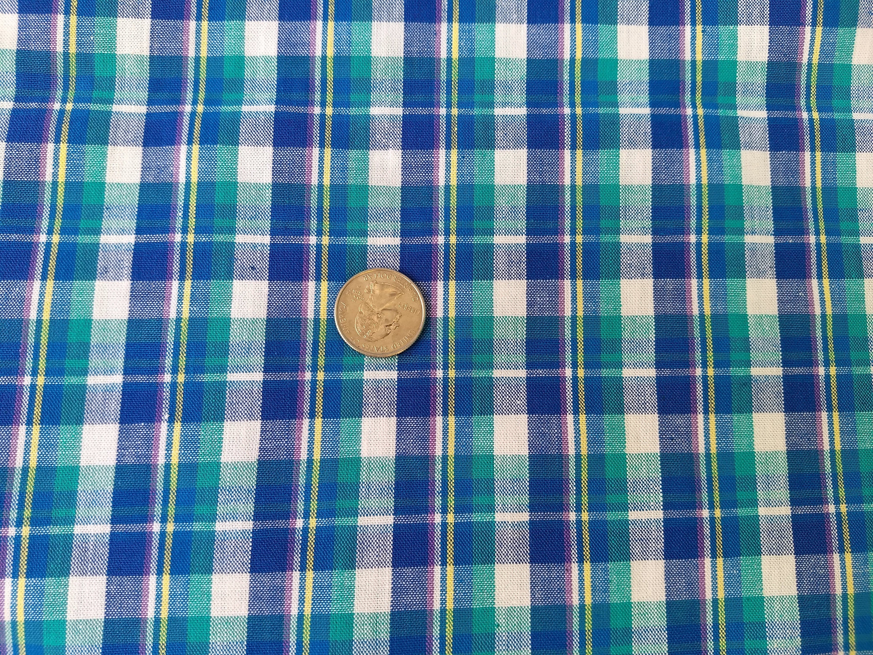 1 Yard Plaid/Checked Cotton Blend Fabric in Blue, Turquoise, & White