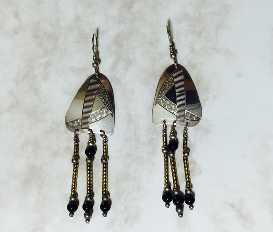 sterling Silver Pop Modern Earrings 65mm Tall & 21mm Wide With 925 Beads, Onyx Brass Wire Coils