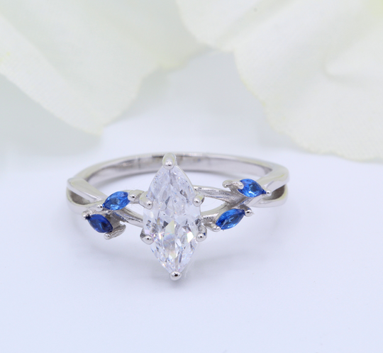 1.00 Carat Infinity Twist Marquise Art Deco Engagement Wedding Bridal Ring Blue Sapphire Cz Simulated Accent 925 Sterling Silver
