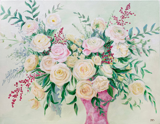 White, Green, & Red Bouquet Painting, Original Acrylic On Canvas. "Serene Green."