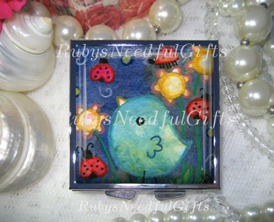 Square Pill Case, Birds Box, Container, Best Friend Gift, Medicine Organiser, 4 Compartments, Ladybirds & Bird