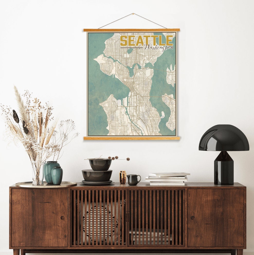 Seattle Washington Vintage Street Map | Hanging Canvas Of Printed Marketplace