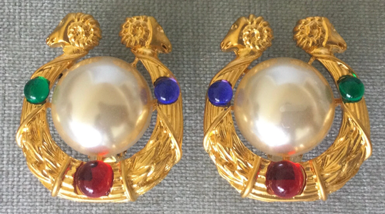 Superb Jeweled Rams W/Pearl Multicolor Emerald Ruby Sapphire Cabochons Art Deco Earrings Crystal Gold Metal Vintage Designer Couture Runway