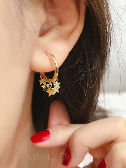 10K Solid Gold Hanging Star Earrings, Hoop Dangle Twinkle Stars Drop Pretty Hoops Big Ear Rings
