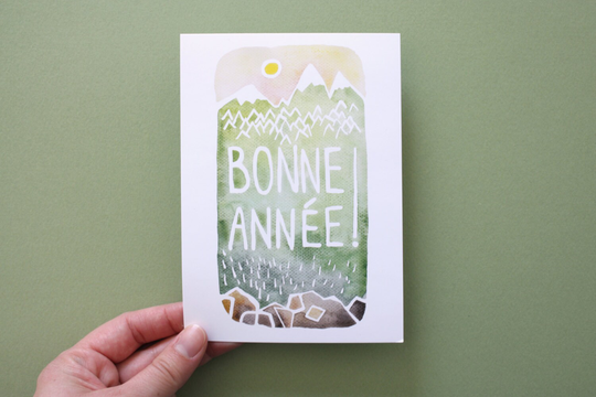 Greetings Card Happy New Year, Mountains Illustration