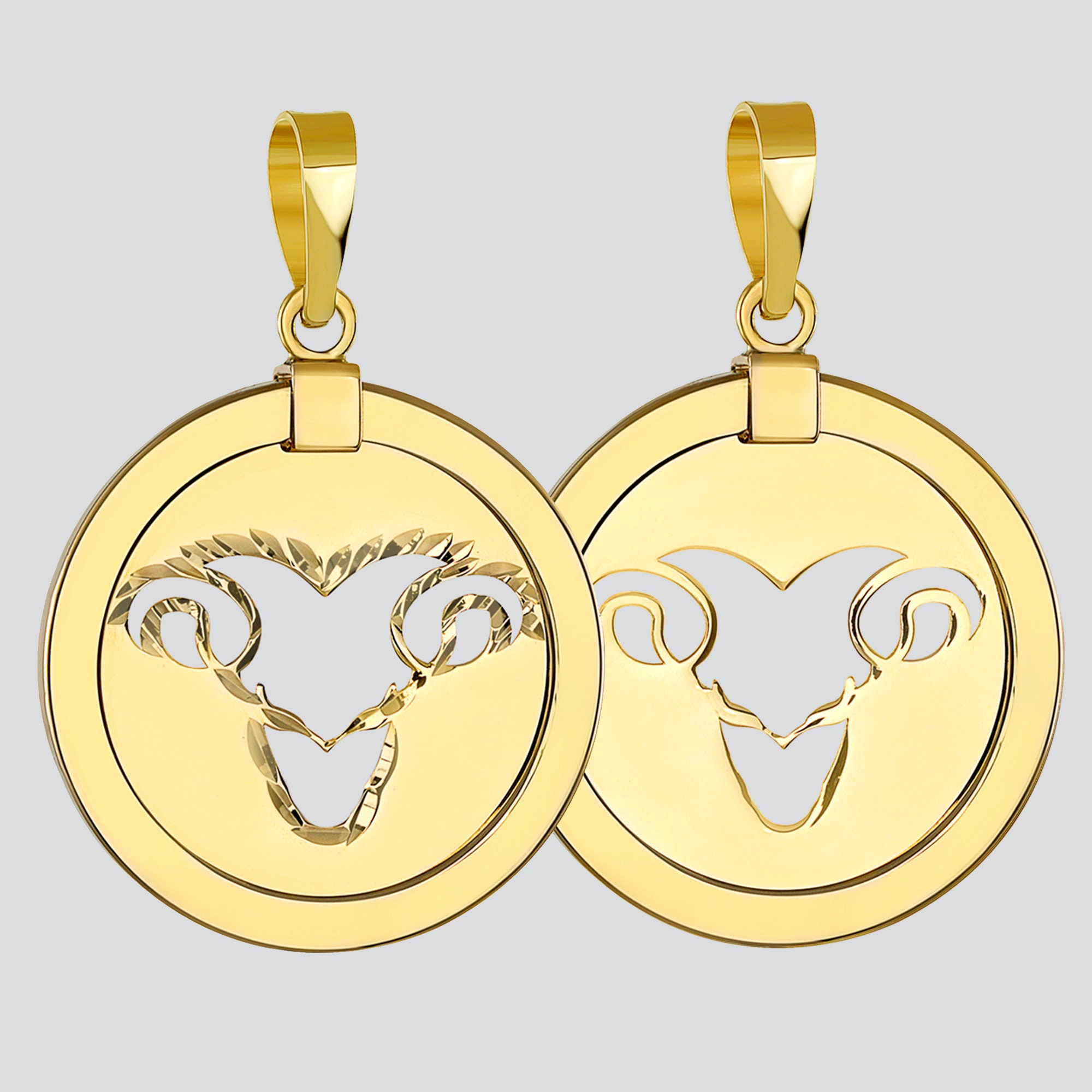 14K Yellow Gold Textured & Polished Reversible Aries Zodiac Charm Round Ram Medallion Pendant(2 Sided With Or Without Rolo Cable Necklace