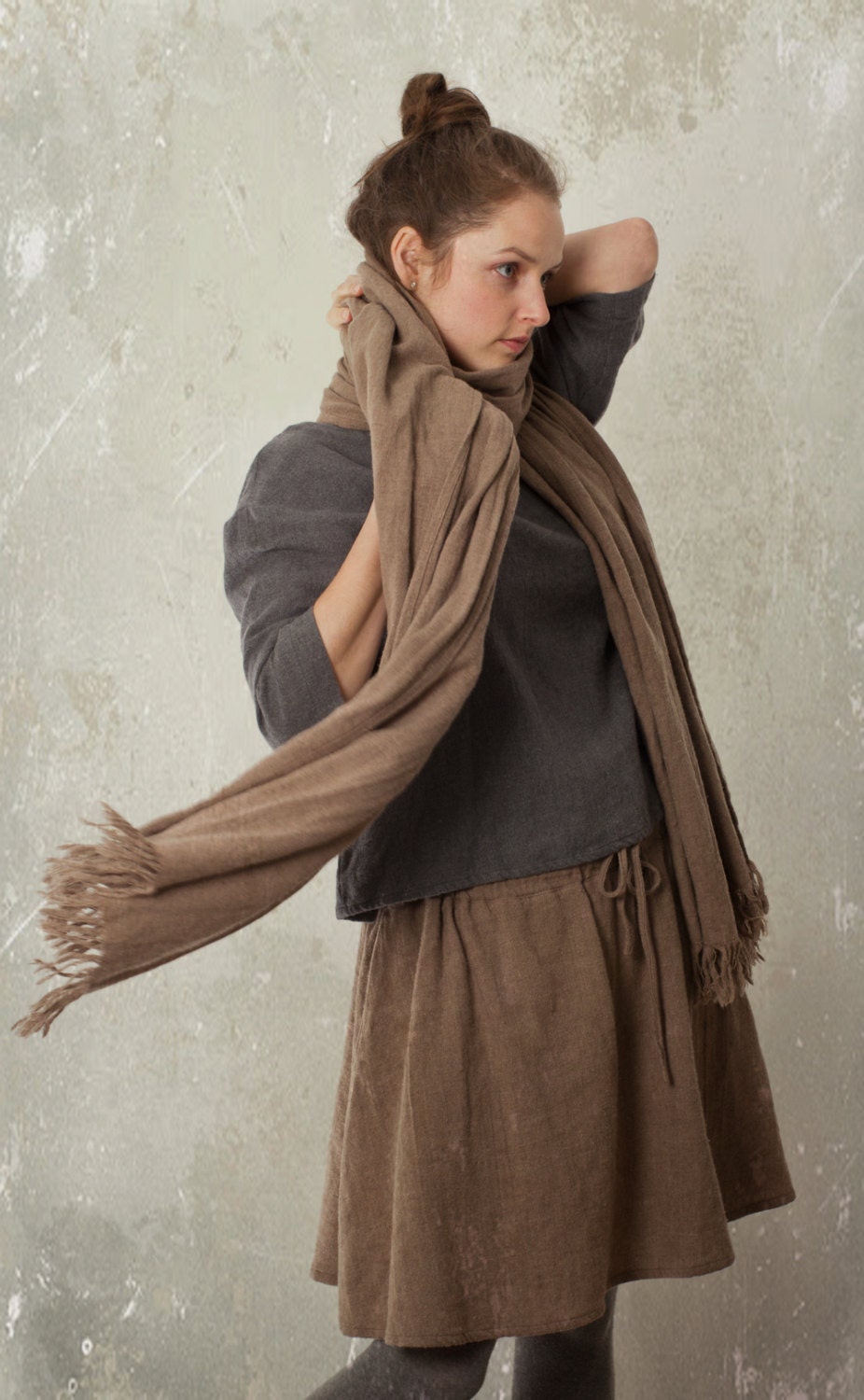 Linen & Wool Blend Shawl | Winter Scarf Large With Soft Fringes