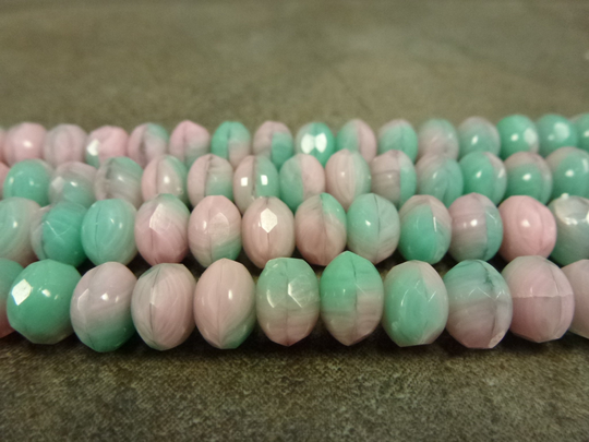 Pink/Dark Mint Blend, Gem Cut Rondelle, Czech Glass Firepolish Beads, 6x9mm, 25Pc, Faceted Donut