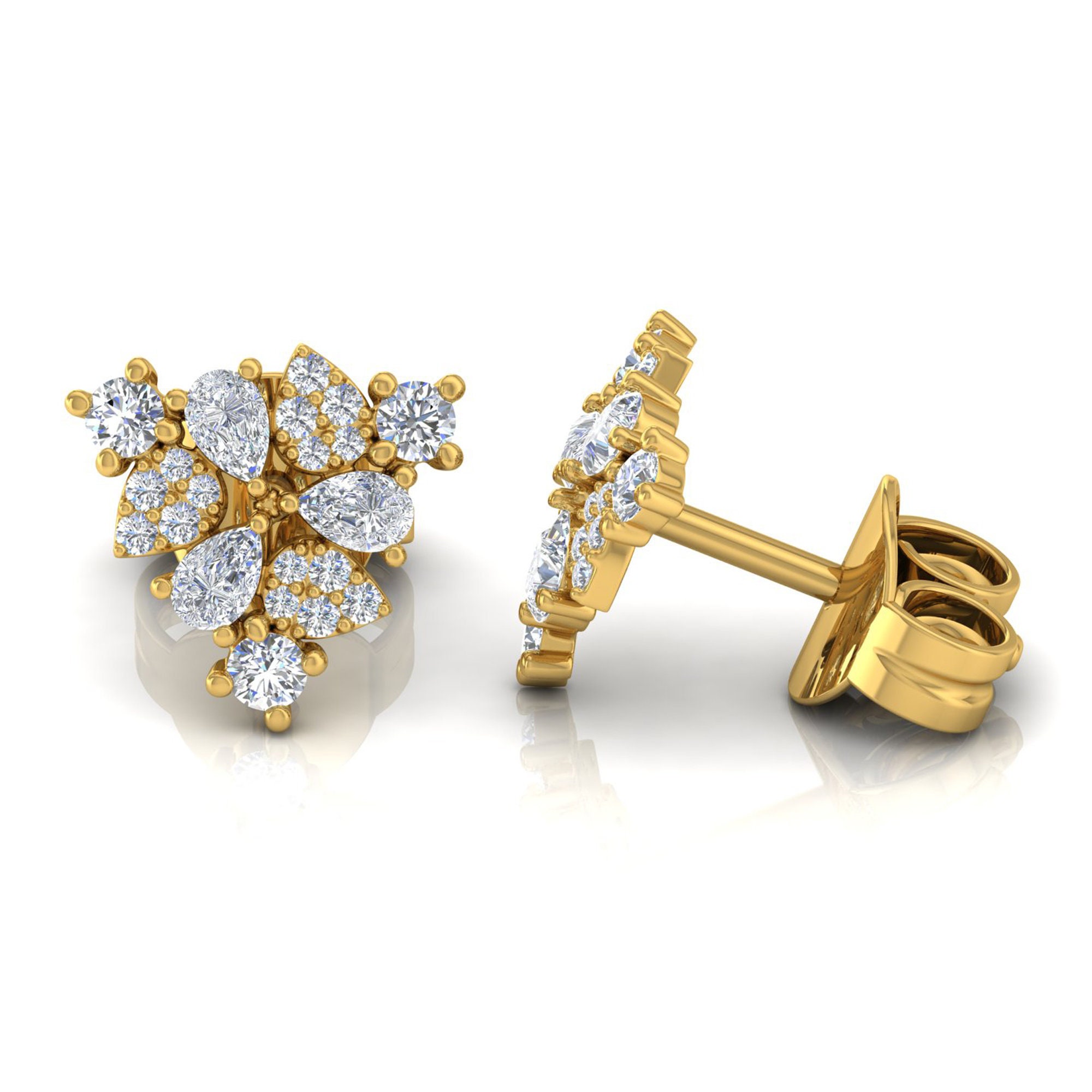 14K Gold Earrings, Dainty Triangle Stud Pear & Round Diamond Studs Minimalist Earrings, Anniversary Gift