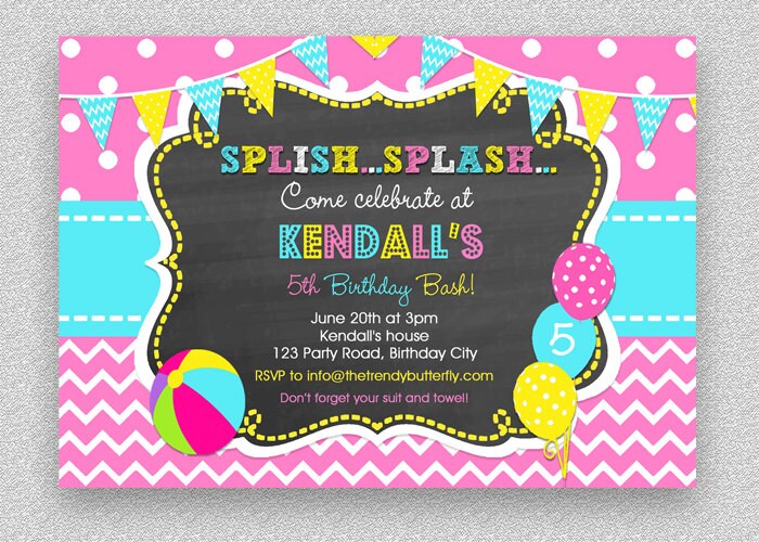 Girls Pool Party Invitation , Children's Invitation, Summer Kids Beach Ball Invite