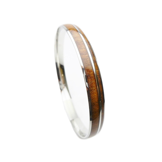 Curved Top Stainless Steel Comfort Fit Natural Off-Center Hawaii Koa Wood Inlay Hawaiian Bangle Bracelet 2021 | Width 8mm, 10mm, 12mm