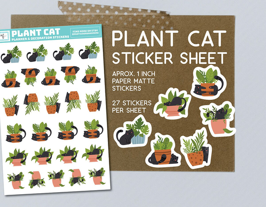 Plant Cat Sticker Sheet, Cats in Plants, With Cat & Succulents, Cute Sticker, Stickers, Love, Stationary