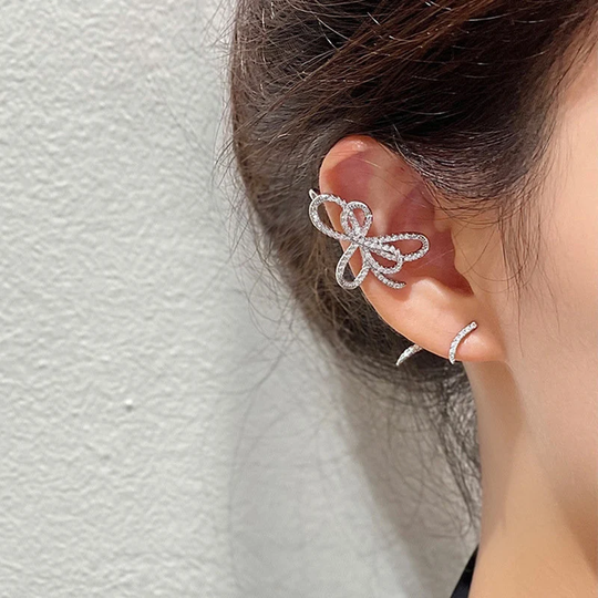 2 Piece Sparkling Bow Ear Cuff With Piercing Piece, Silver Bow, Dazzling