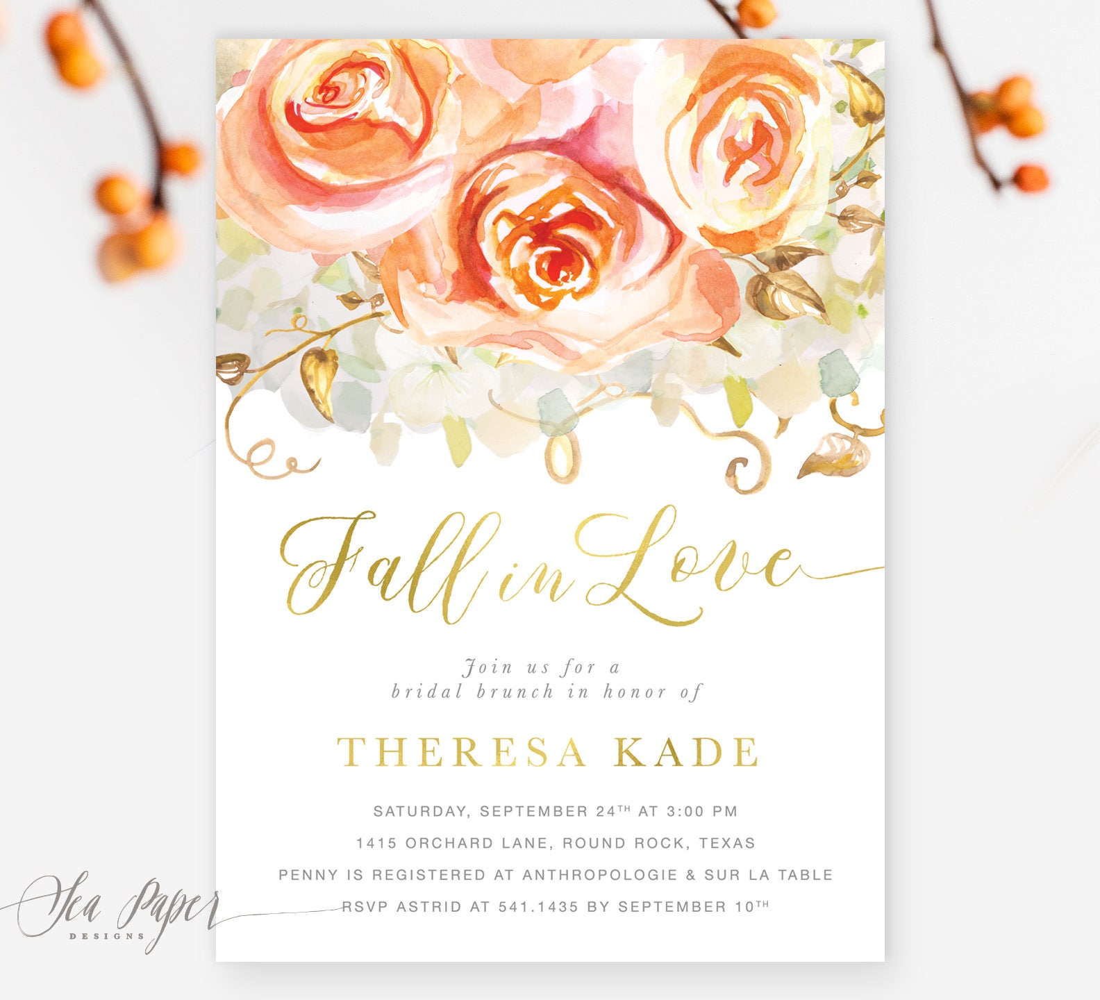 Fall Bridal Shower Invitation in Love, Autumn Harvest Invite, Orange Peach Roses, White Gold, Printed Printable - 5