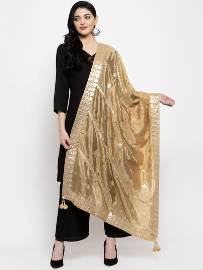 Women's Silk Blend Beige & Gold-Coloured Gotta Patti Dupatta Free Shipping