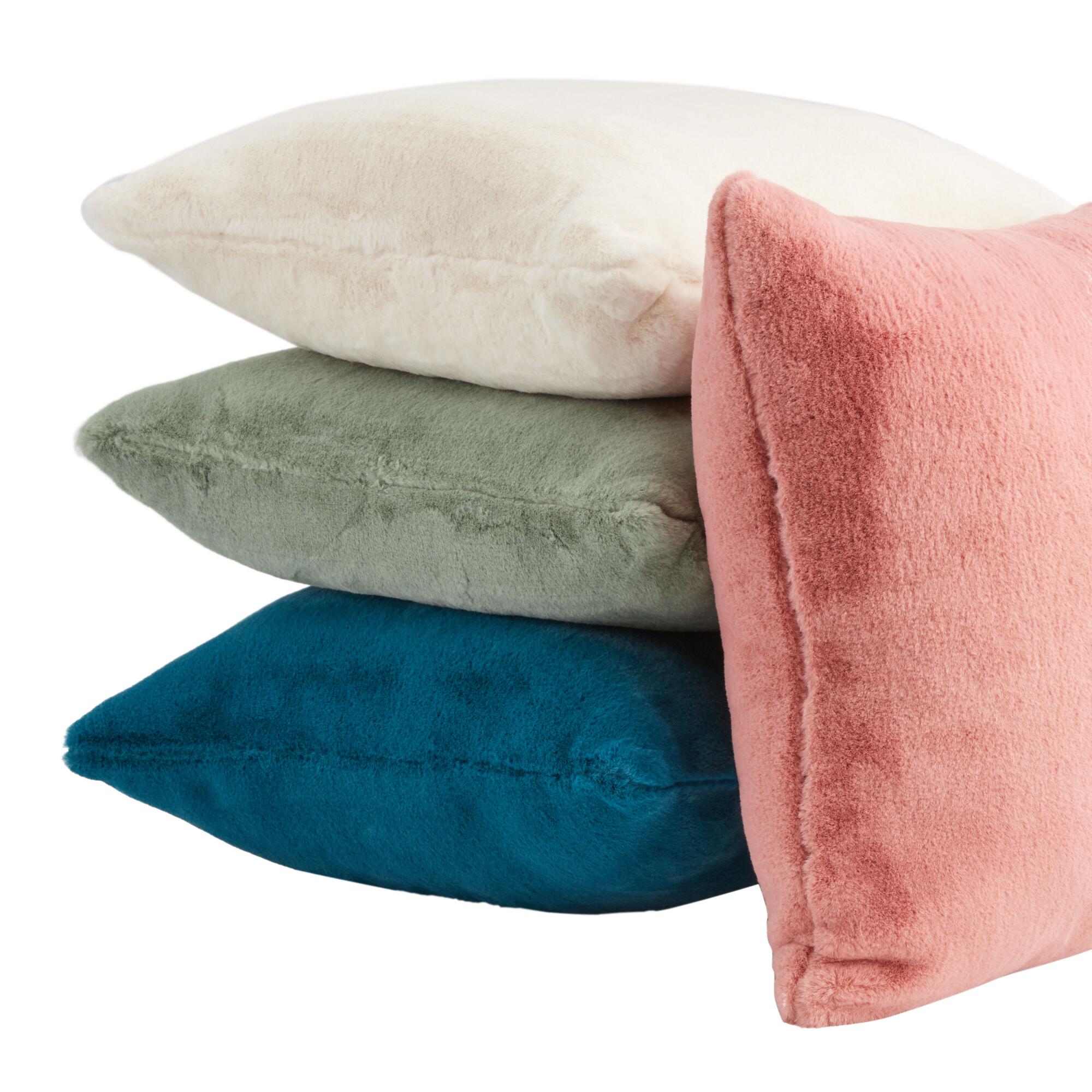 Fuzzy Plush Throw Pillow: White - Polyester - 18" Square by World Market
