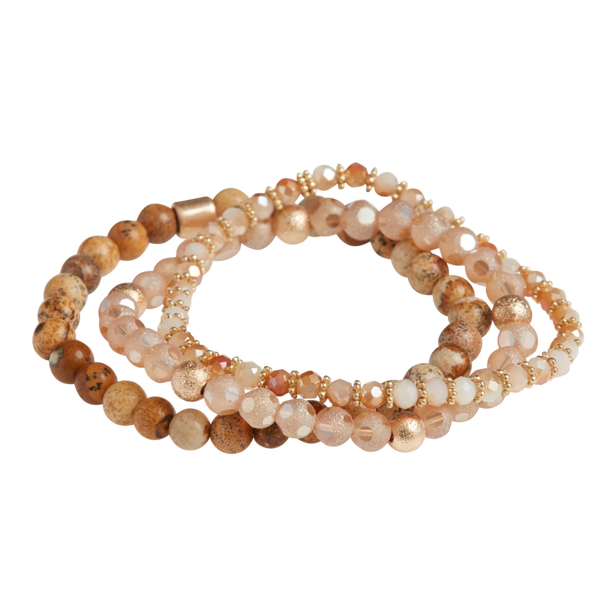 Brown, Peach And Gold Beaded Stretch Bracelets 3 Pack by World Market