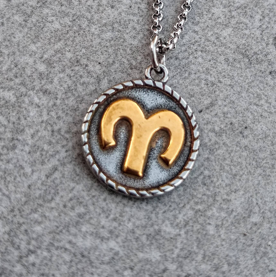 Aries Zodiac Necklace. Double Sided. Antiqued Gold & Silver