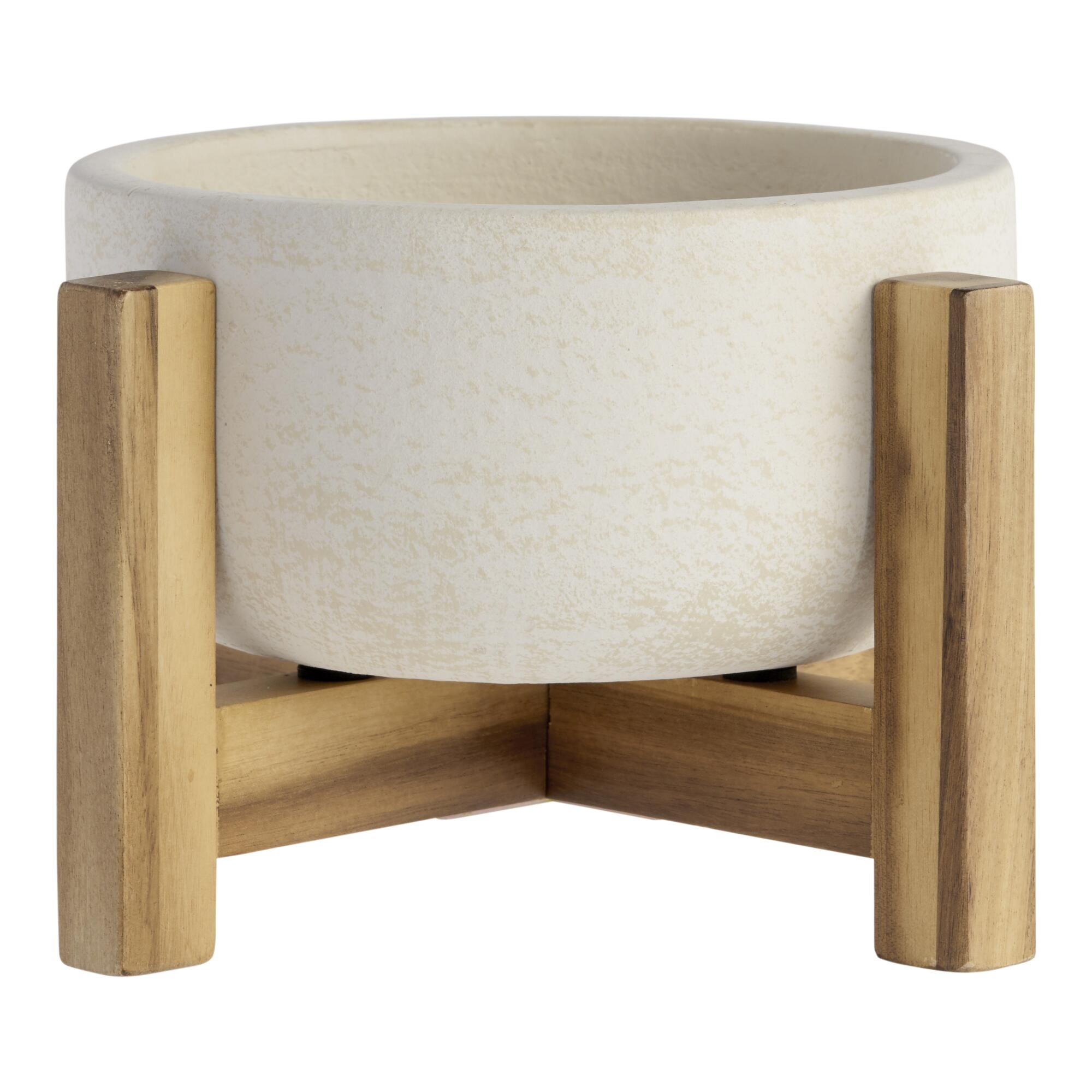 Wide White Ceramic Planter With Wood Stand by World Market