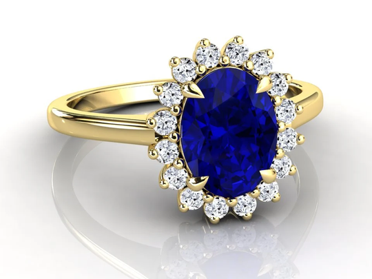 Classic Sapphire Ring, Oval Halo Engagement Natural Diamonds, Solid 14K Or 18K Yellow Gold, Anniversary, September Birthstone Jewelry
