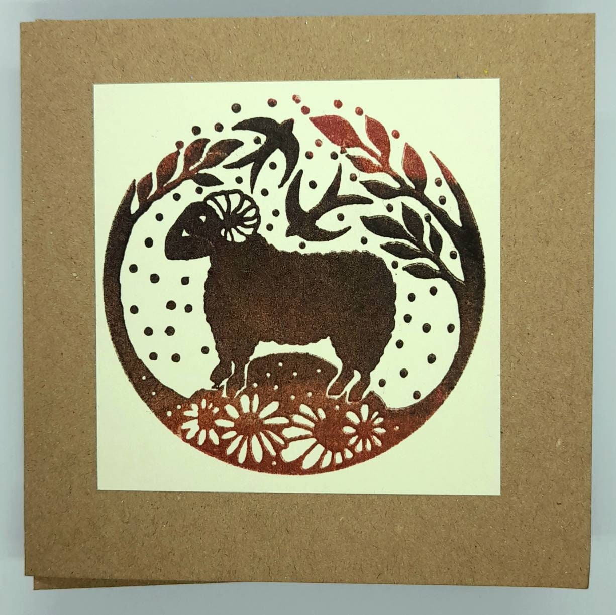 Hand Printed Card - 100% Recycled Kraft Card Original Block Printed Sheep Handmade in Wales Blank Art Ram