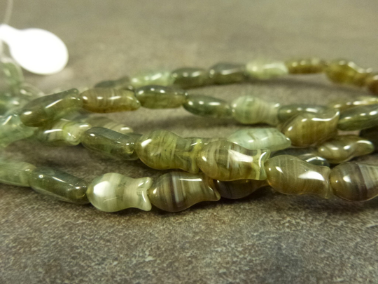 22Pc Moss Mini Fish Beads, 9x5mm Czech Pressed Glass, Green Blend