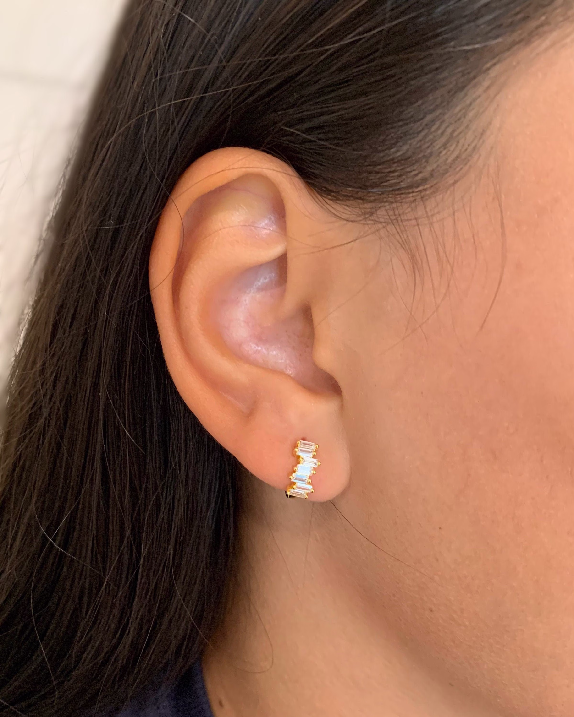 Small Cz Hoop Earrings, Baguette Huggie Cartilage Earring, Minimalistic & Dainty Hoops, Tiny Gifts For Her