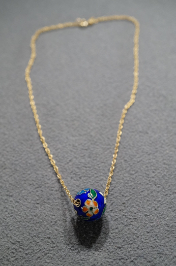 Vintage Art Deco Style Gold Filled Cloissonne Round Floral Design Ball Line Link Necklace Jewelry -K#41