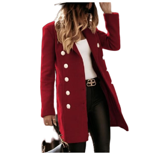 Women Elegant Double Breasted Wool Blend Coat - Red, S