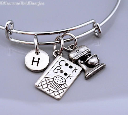 Kitchen Mixer Bangle, Bracelet, Cookbook Charm, Cook Book, Kitchen Appliance, Expandable Charm Initial Bracelet