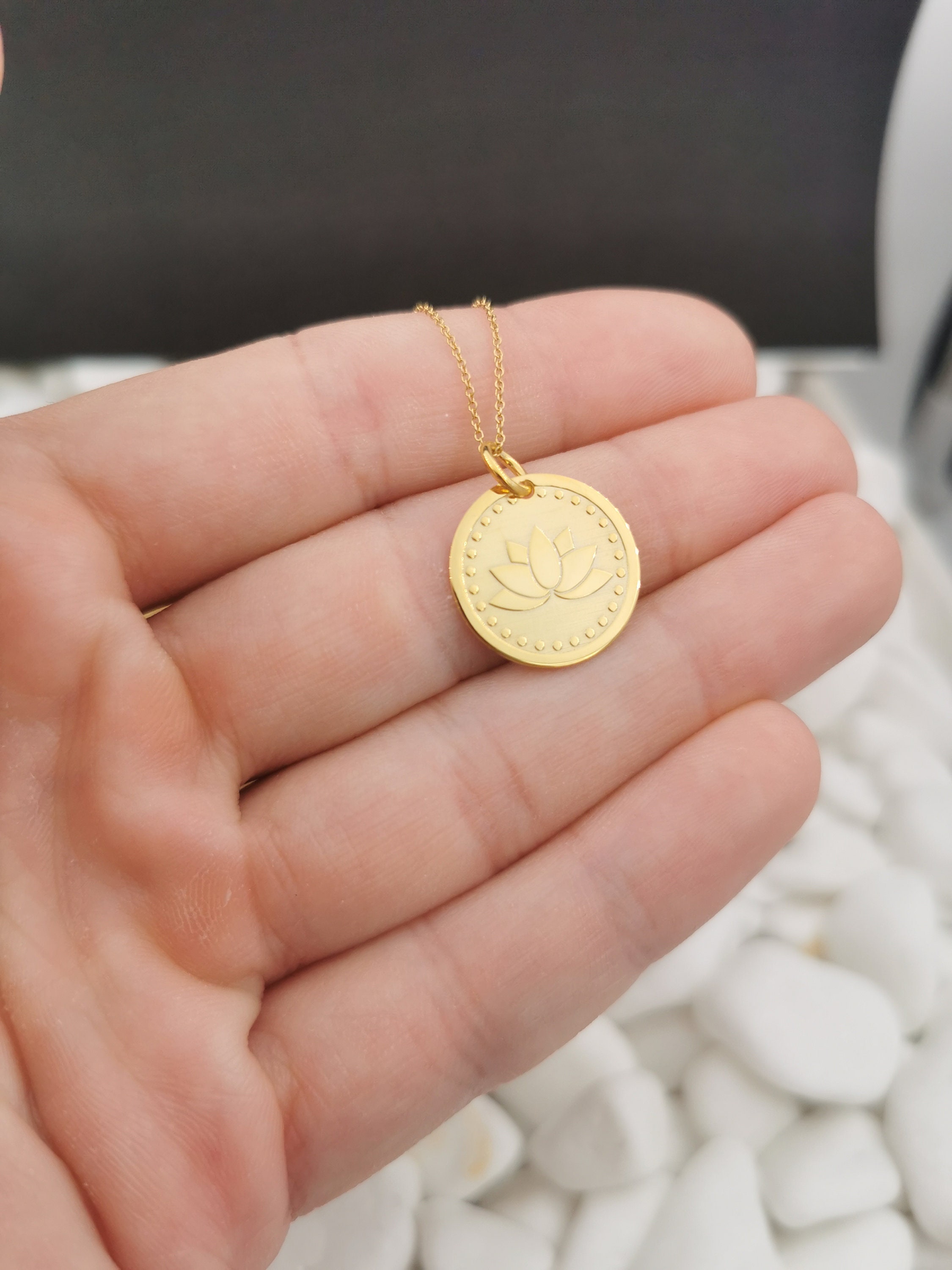 14K Solid Gold Lotus Necklace, 16.5mm Disk, Personalized Flower Pendant