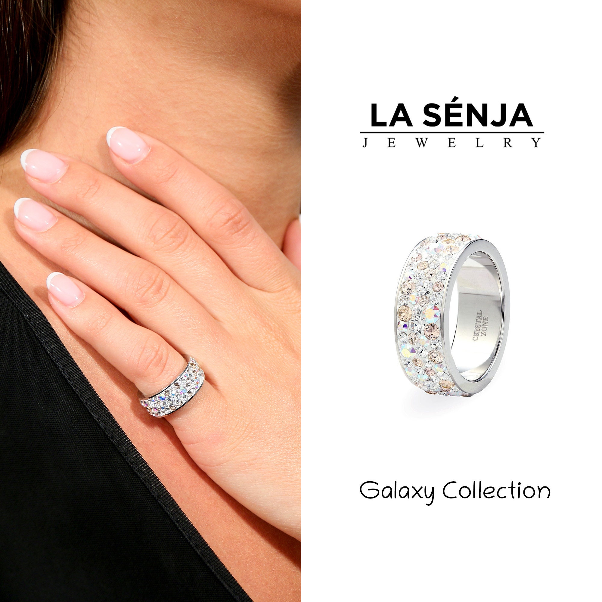 Unique Swarovski Ring Band Sparkly Crystal 316L Stainless Steel For Women Multi Stone Handmade Jewelry Set