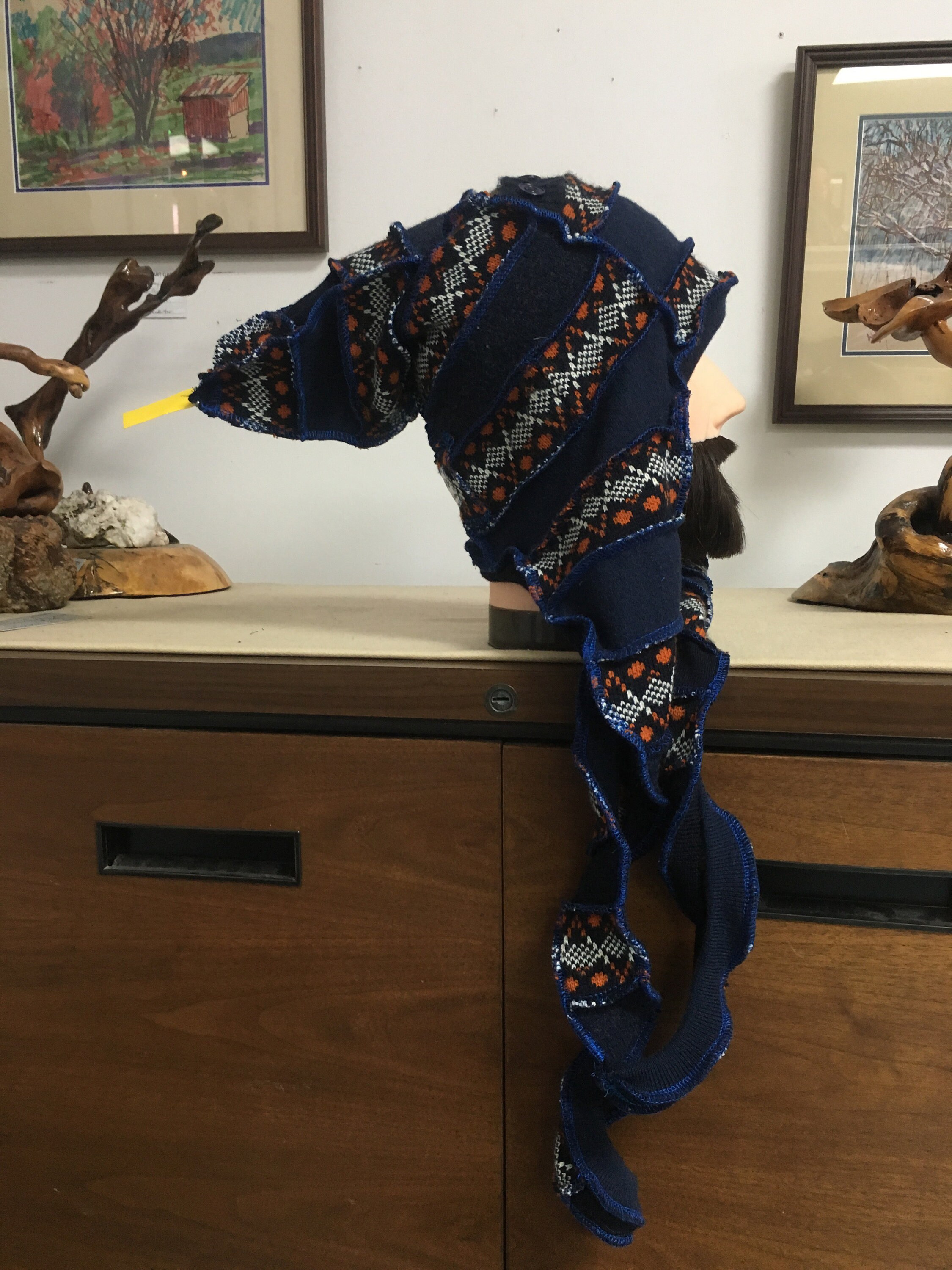 Trippy Navy Blue Wool Blend Jester Beanie Upcycled Ooak Winter Warm Hat