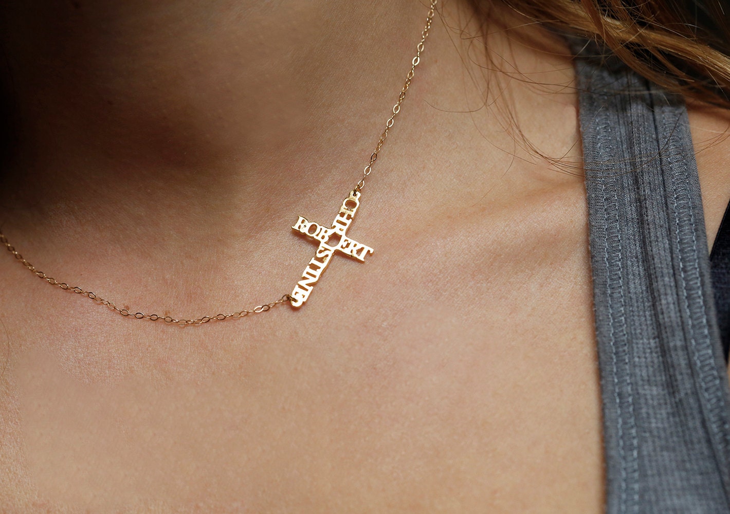 Cross Custom Jewelry, 14K Gold Name Necklace, Your Mom Yellow Necklaces, Girlfriend Gift Silver Necklace