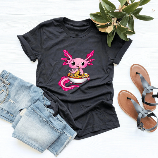 Cute Axolotl Eating Ramen Shirt, Pink Axolotl, Lover Gift, V-Neck, Tank Top, Sweatshirt, Hoodie