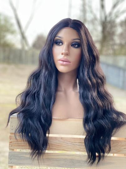 Human Hair Blend Wig 22" 2 Dark Brown Layered Wavy Lace Front Wig, Middle Part Heat Safe Color Wig