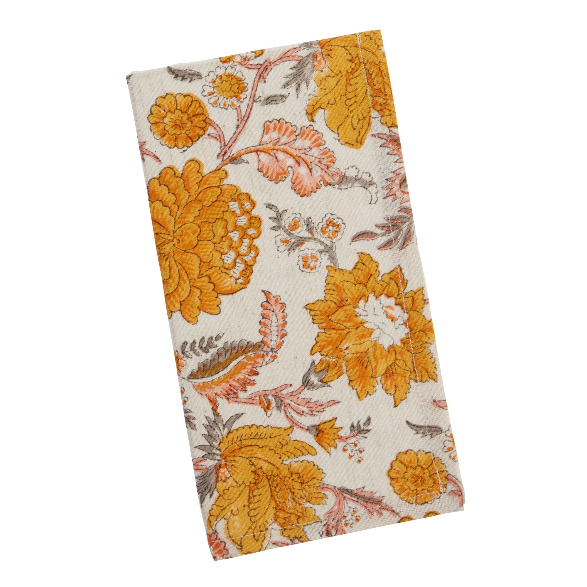 White and Orange Floral Block Print Napkin Set of 2 by World Market