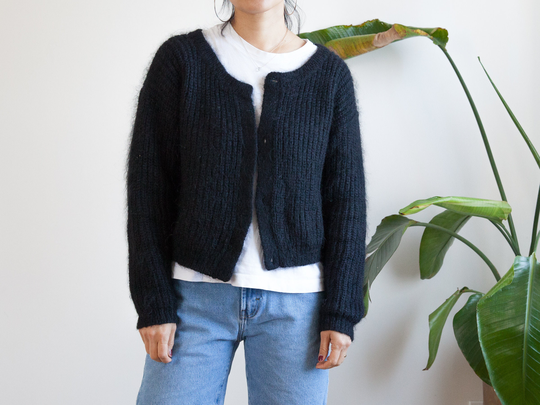 Black Mohair Blend Knit Cropped Cardigan/Hidden Buttons Size M