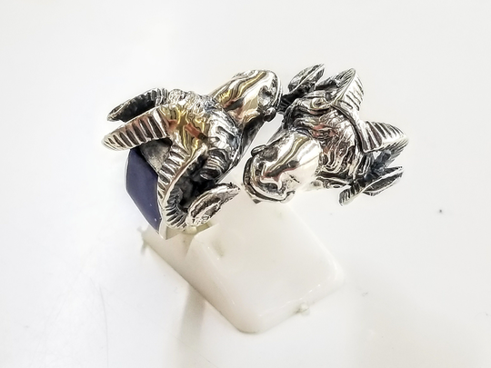 Ram Head Ring in Sterling Silver 925 With Lapis Lazuli, Double Ram Ring