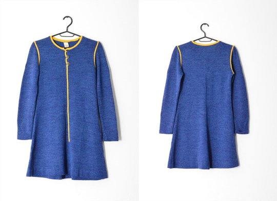 Vintage 60S Blue Yellow Knit Wool Blend Womens Mini Dress Petite Size Xxs