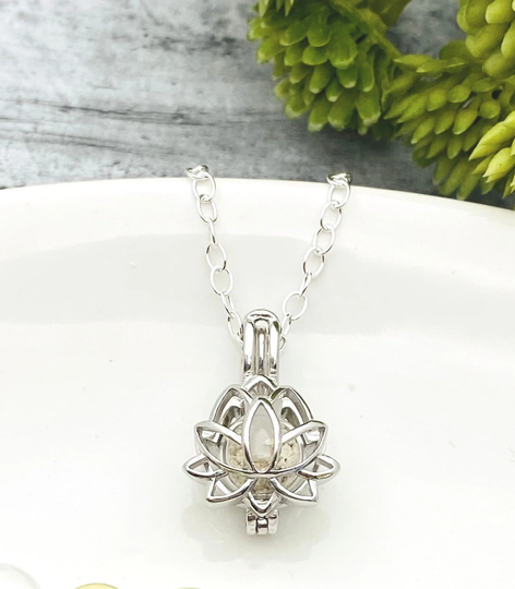 sterling Silver Lotus Flower Cremation Necklace, Glass Orb Locket For Ashes, Pet Memorial Keepsake, Human Cremains Locket, Dainty
