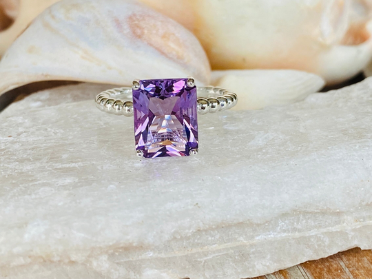 14K Rose De France Amethyst Ring, Radiant Cut Large Lavender Ring