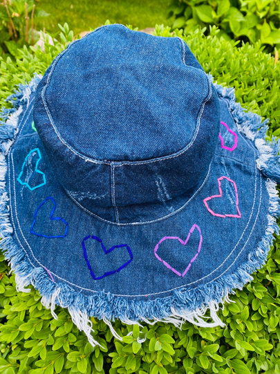 Distressed Denim Hand Embroidered Rainbow Bucket Hat