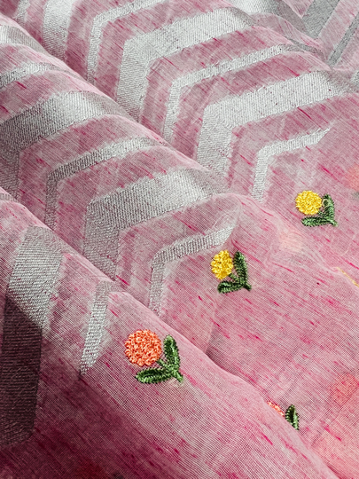 Baby Pink Color Linen Blend With Cotton Silk Saree & Embroidery Floral Buttis | Gift For Her Kaash Collection