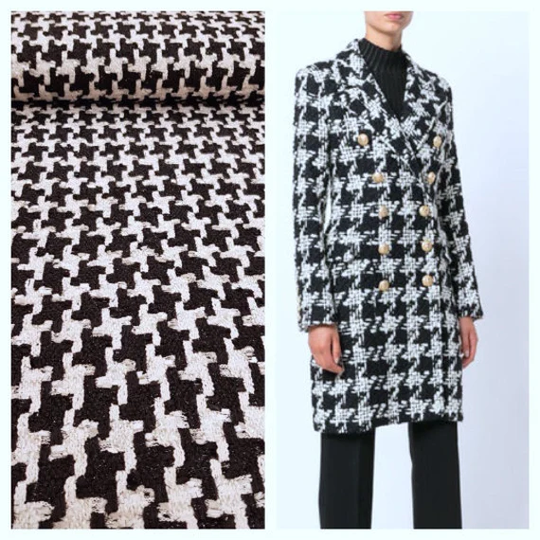 Black & White Boucle Fabric, Tweed Large Houndstooth Check, Rayon Lurex Blend, For Suit, Coat, Jacket, By 1.90 Meter