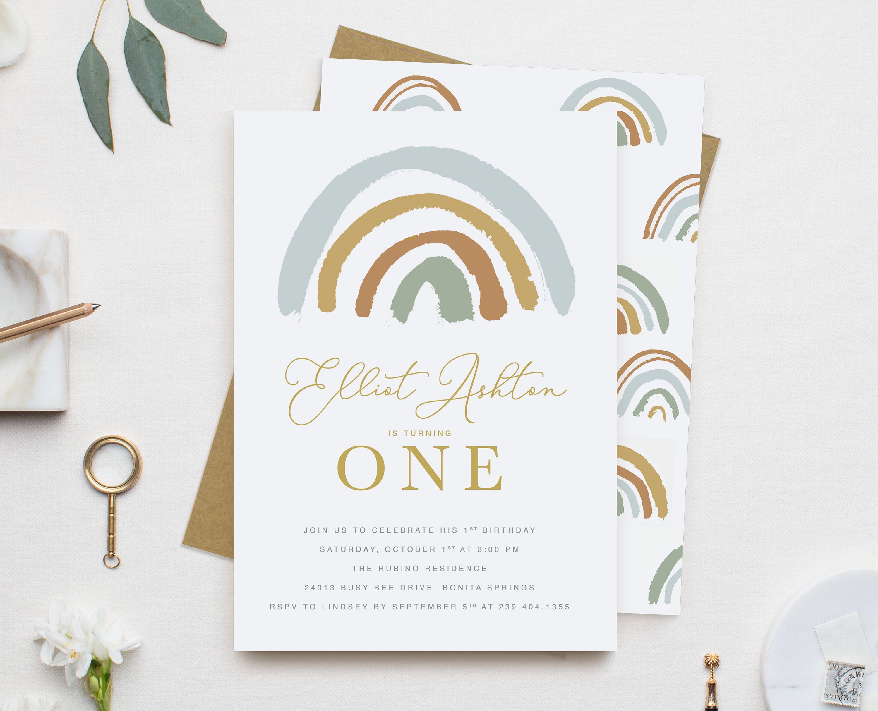 Boho Rainbow First Birthday Invitation Boy, Muted Boy 1st Invitation, Invite, Earthy Blue Party
