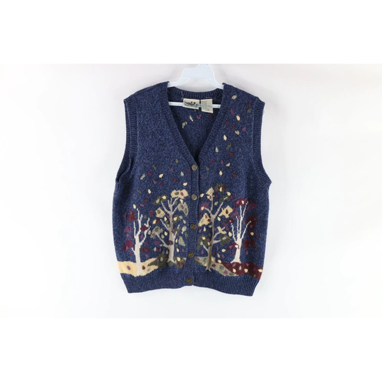 90S Streetwear Womens Large Wool Blend Knit Trees Cardigan Sweater Vest, Vest